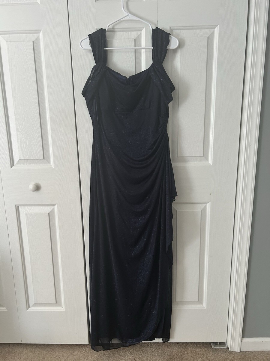 Alex Evenings Navy Blue Glitter Long Evening Dress Cowl Neck Draped Size 16 Alex Evenings Navy Blue Glitter Long Evening Dress Cowl Neck Draped Size 16