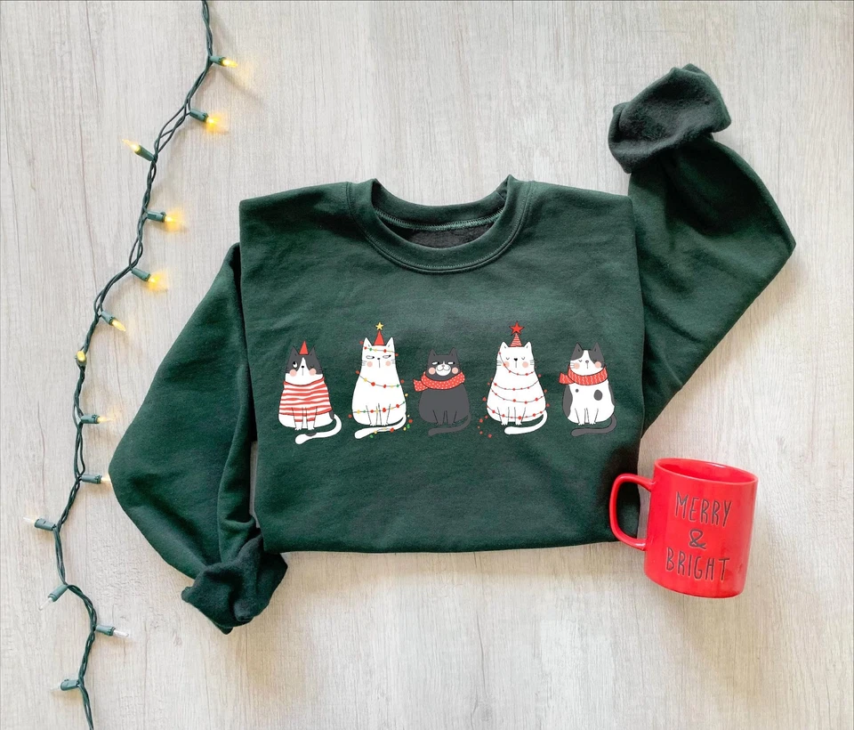 Lindo Gato Navidad Sudadera Gato Amante Regalo Vacaciones Invierno Camisa Foto 3 de 4