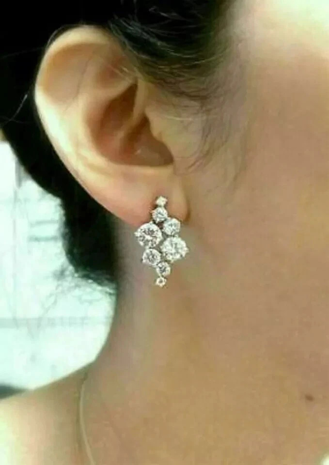 4Ct Round Cut Lab Created Diamond Women's Cluster Earrings 14k White Gold Plated