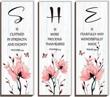 DONFENTHY 3 Pieces Inspirational Pink Floral Wall Decor Wooden Hanging Wall Art 