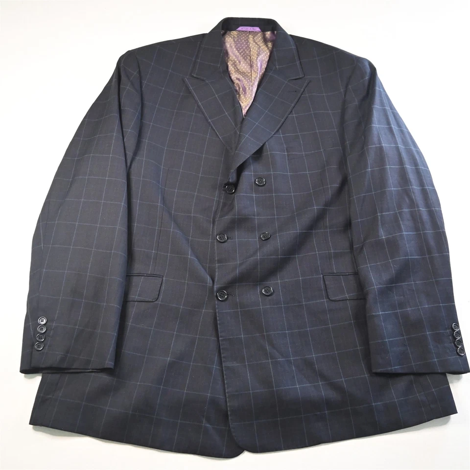 Magic Johnson 52L 46x36 Blue Plaid Double Breasted Mens Jacket Pants Suit - Image 2 of 4