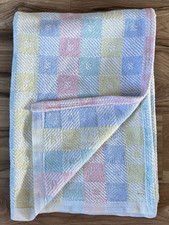 Vtg Beacon Woven Baby Blanket Pink Blue Yellow Green Square Block Cotton Pastel