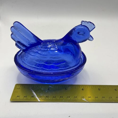Hen on Nest Chicken Cobalt Blue Glass Depression Style Candy Dish, Vintage