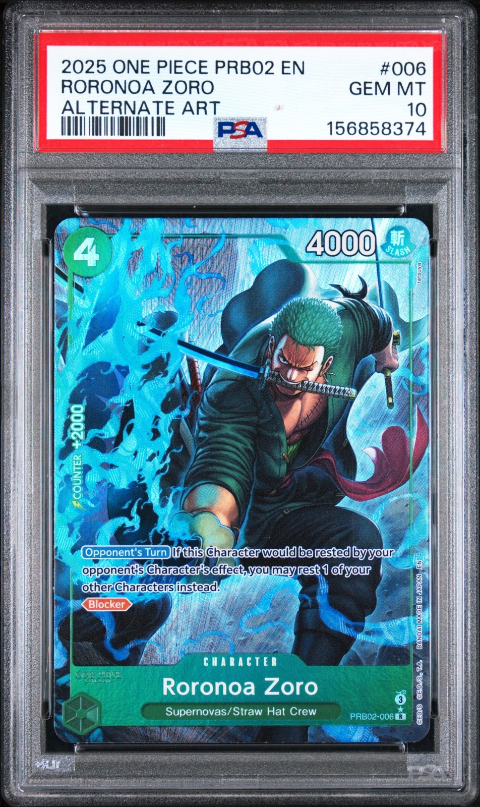 One Piece PRB02-006 Roronoa Zoro Alternate Art PSA 10 GEM MINT