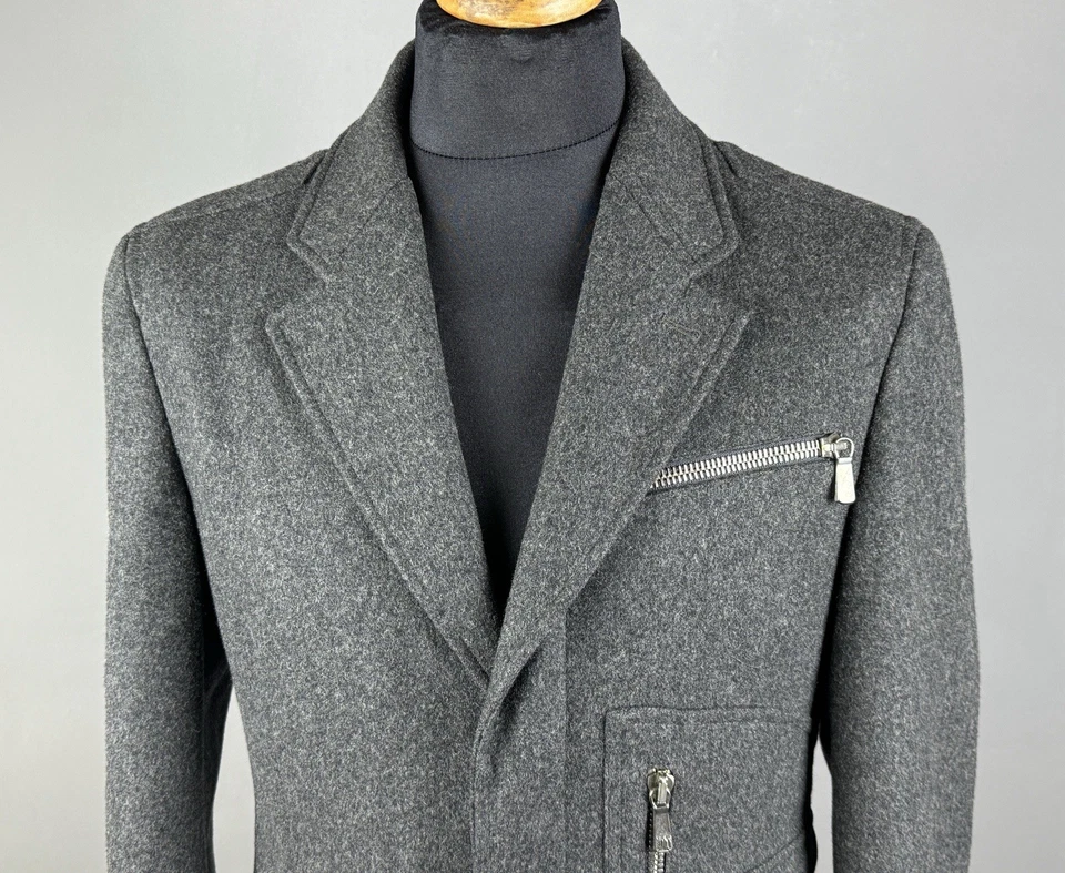 Men VERSACE Gray Wool Asymmetric Zip Details Military Coat Jacket Size 48 - Image 3 of 4