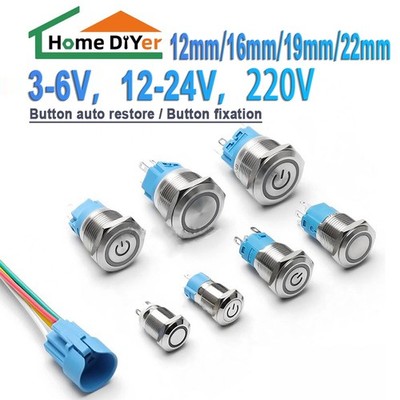 12-22mm Metal LED Power Push Button Momentary Latching Switch 3-220V With wires