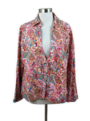 Roberta Freymann Pink Blue Paisley Button Bow Shirt Size XL Artsy Statement