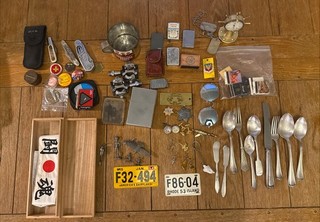 Junk Drawer Lot Knives Lighters Jewelry Tin Type Photo & More!