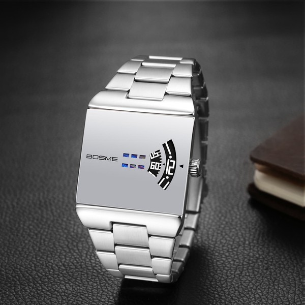 Reloj de Pulsera Cuadrado de Acero Inoxidable Steampunk para Hombre Sin Agujas con Display de Salto de Hora 5