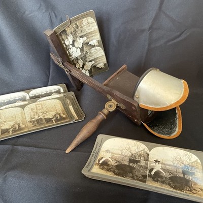 Antique 1900s Stereoscope Stereo Card 3D Viewer & 11 Keystone & H C White Cards
