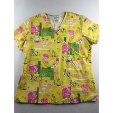Disney Lady and the Tramp Yellow Scrub Top Mock Wrap V-Neck Womens Large L