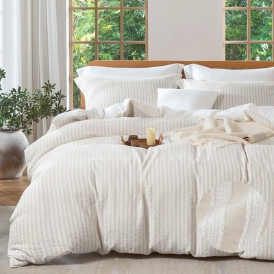 MILDLY Linen Grey Striped Duvet Cover - 100% Washed Cotton Boho Jacquard Text...