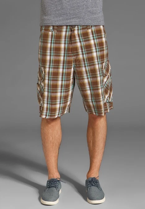 NWT TRUE RELIGION JEANS Men Samuel Cotton Brown Husk Plaid Cargo Bermuda Shorts