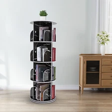 Rotating Display Bookshelf - Black Marble Revolving Storage Rack 4 Tier
