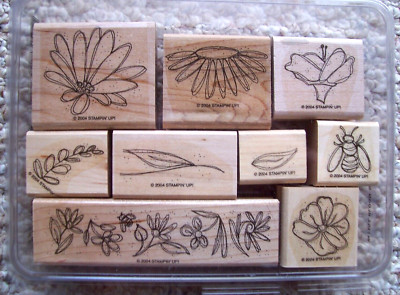 Stampin Up ''In Full Bloom'' Wood Stamp Set of 9 Flowers Bee New 2004