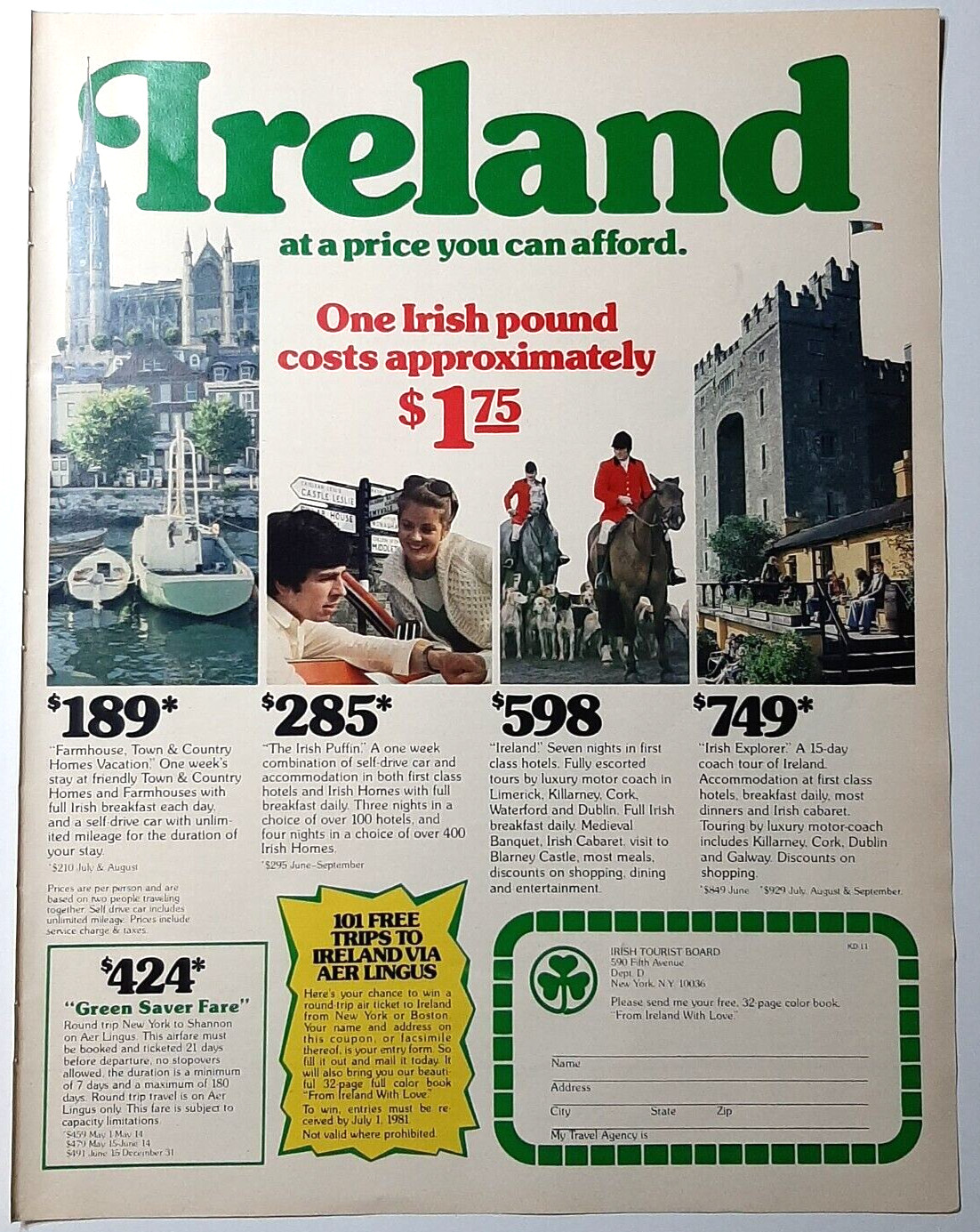 1981 Ireland Vintage Print Ad Irish Tourist Board Aer Lingus Air Travel Vacation