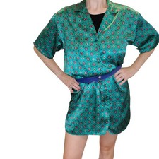 Vintage Satin Shirt Dress Mini Green Geometric Belted Size Medium