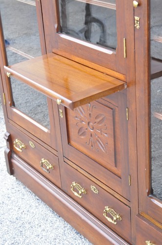 Antique Eastlake Victorian Walnut Wavy Glass Triple Bookcase Display Cabinet - Picture 6 of 13