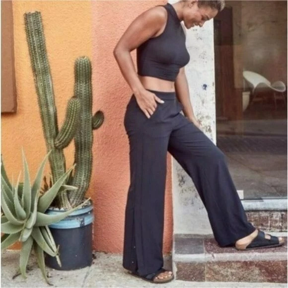 Athleta Gramercy Track Wide Leg Pant Side Zipper Trouser Black