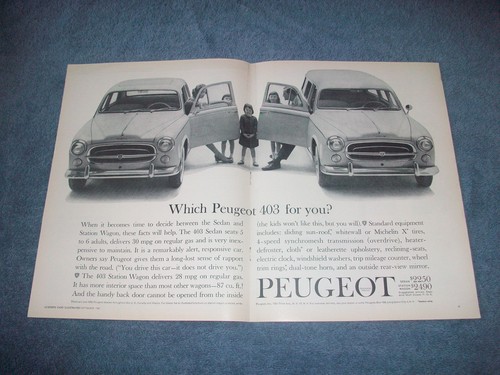 1960 Peugeot 403 Sedan and Wagon Vintage 2pg Ad "Which Peugeot 403 For You?"