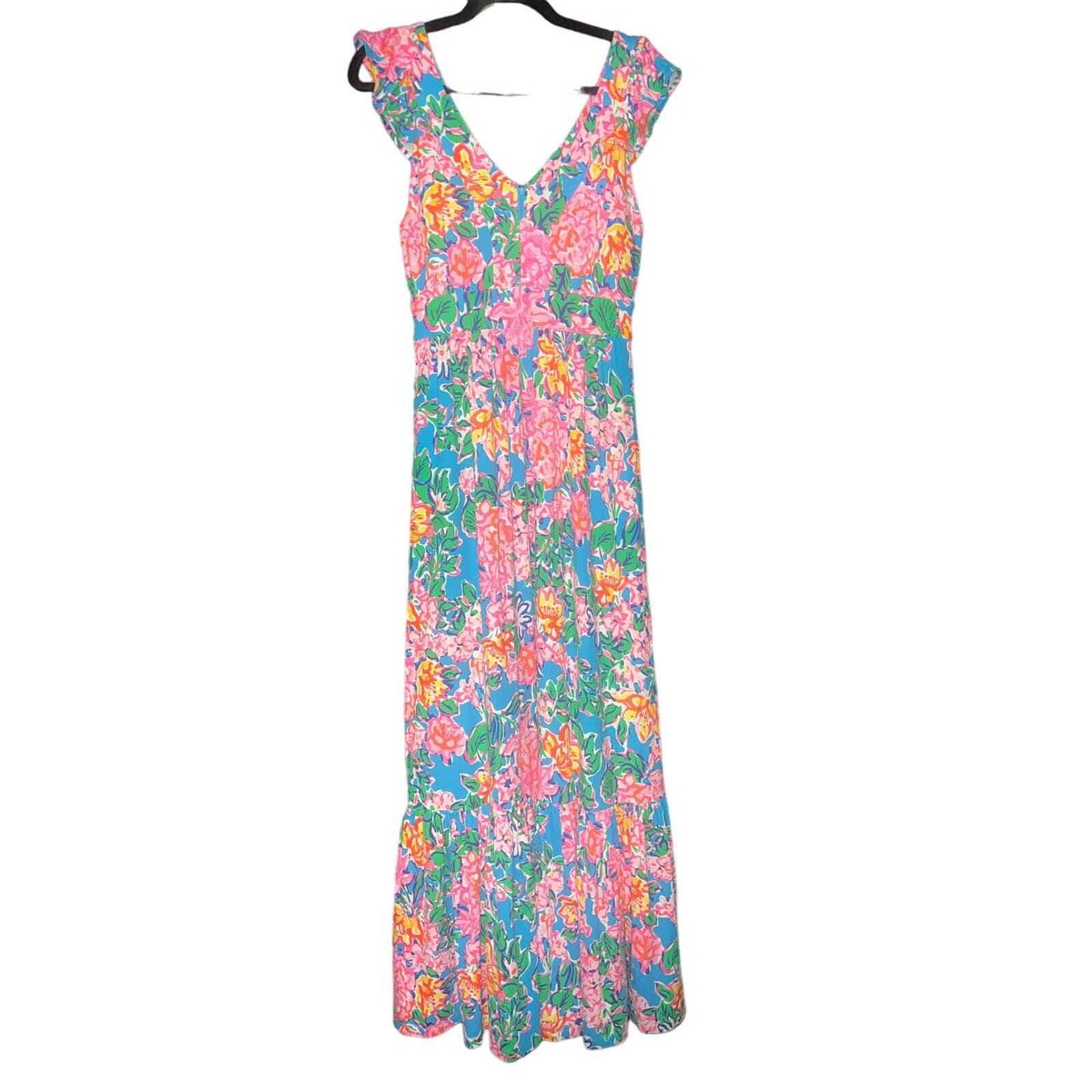 maxi dress with pattern Floral Embroidered Maxi Dress With Sheer Flutter Sleeves In Blush Multi