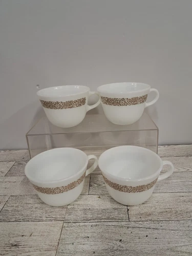 4 Vintage Pyrex Woodland Brown Floral Milk Glass Coffee Tea Cups Mugs
