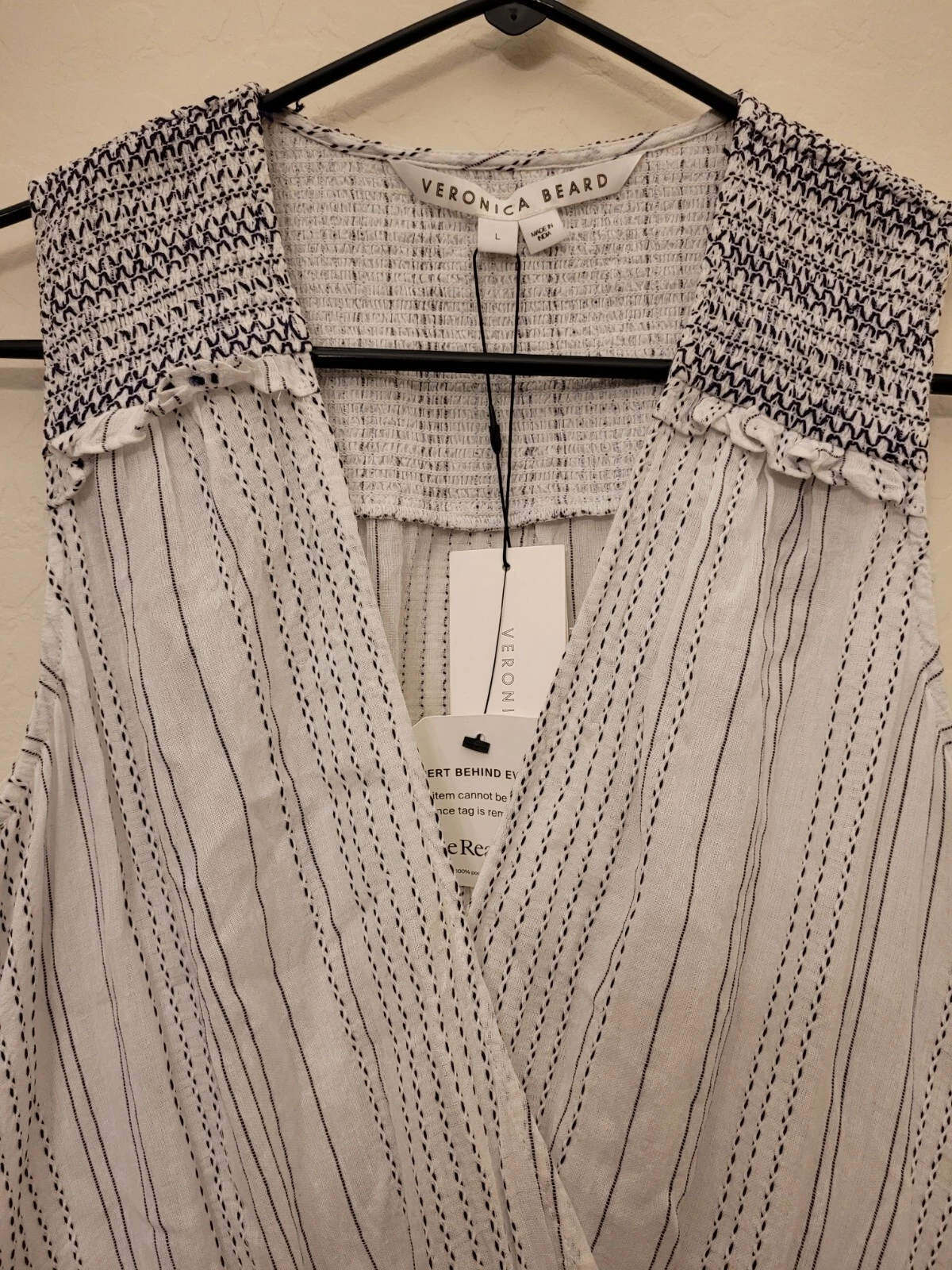 OFF WHITE Mini abito senza maniche Veronica Beard Cox smocked bianco blu taglia large nuovo con etichette