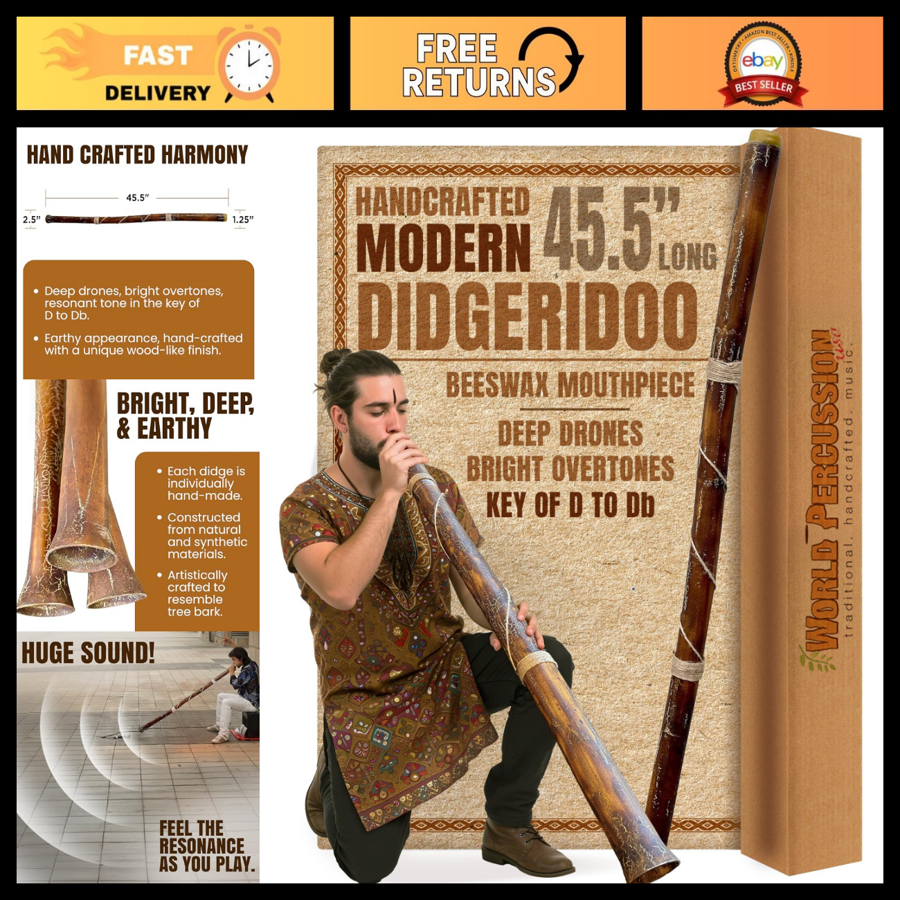Modern Didgeridoo Instrument - Hand-Fired, Beeswax Mouthpiece, Lightweight, Key