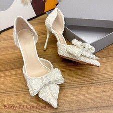 New Women Pearl Crystal Bow Wedding Shoes Women's Party High Heels Pointed Toe