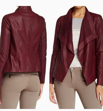 Vince Burgundy Goat Leather Draped Open Front Jacket Size M