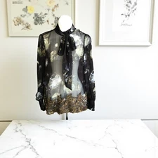 Per Se by Carlisle Sheer Brown Gold Floral 100% Silk Lace Trim Blouse Size 10