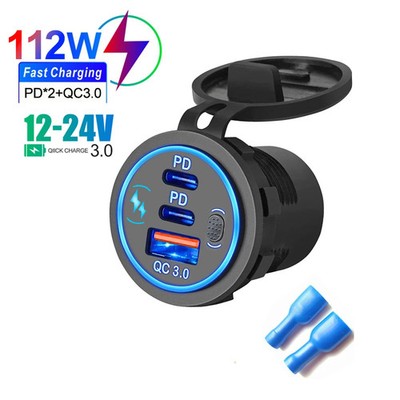 3-Port Fast Charging Dual PD QC 3.0 112W Car Charger with Outlet Socket