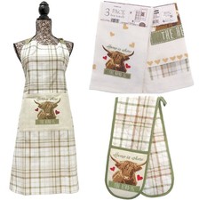 Highland Cow Double Oven Gloves Pot Holder + Apron + 3 Kitchen Tea Towels Green