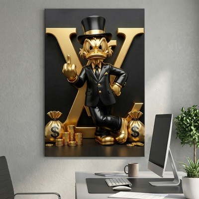 Pop Art BAD GUY LV Dagobert Duck Wandbild Acrylglas, Leinwand, Poster GOLD Kunst