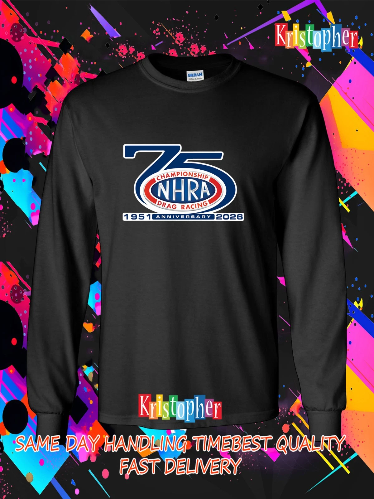 New Tee NHRA 75th Anniversary Logo Crew Neck T-Shirt American Men's T-Shirt