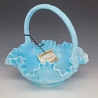 Vtg FENTON Glass Basket Blue Slag  Cabbage Rose Glass Crimped Ruffle 8"T w/Tag