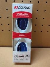 Dolfino Youth Swim Goggle Wide View Age 6+ White Blue Silicone Straps New