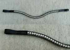 3 Rows Black Crystal & Pearl Leather Brow band For Horse Bridle Tack browband