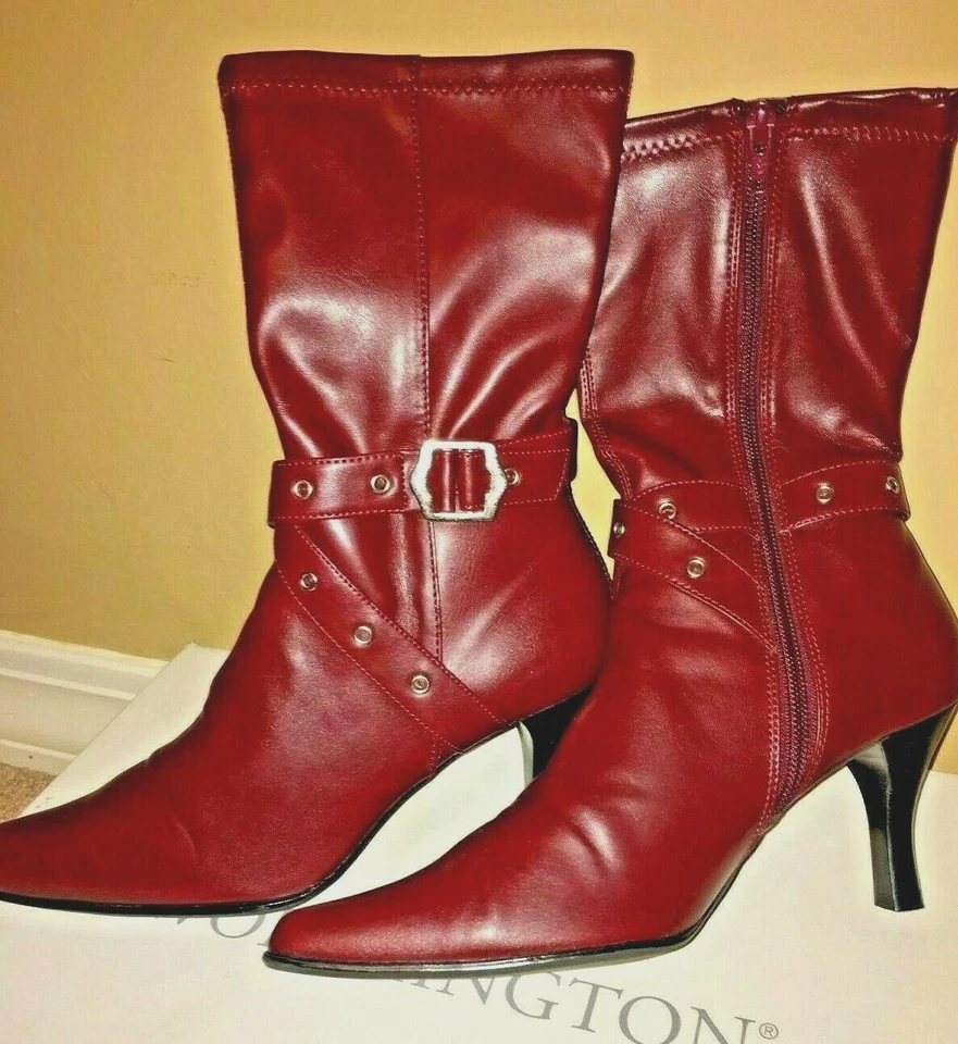 Talla 6.5 M Bota de Cuero Rojo con Cremallera y Hebilla Exterior Tacón 2"  Foto 3 de 4