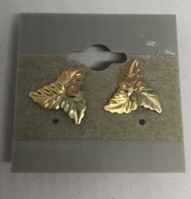 14k Yellow White  & Rose Gold Three Leaf Stud Earrings