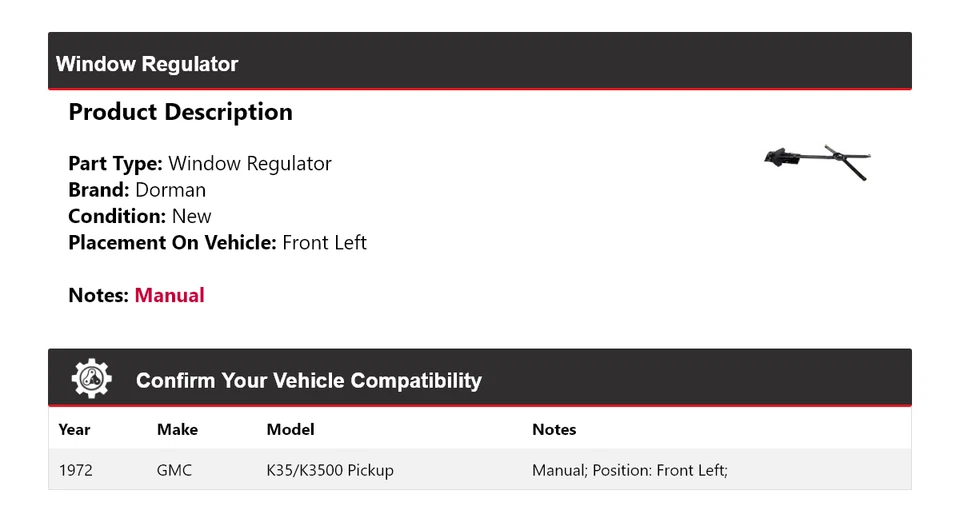 适用于 1972 年 GMC K35/K3500 拾音器 Dorman 窗调节器 左前 — 第 2/4 张图片