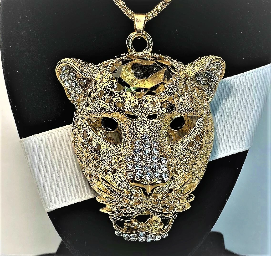 BETSEY JOHNSON LARGE 3D GOLD PANTHER HEAD MOVABLE JAW CRYSTAL
