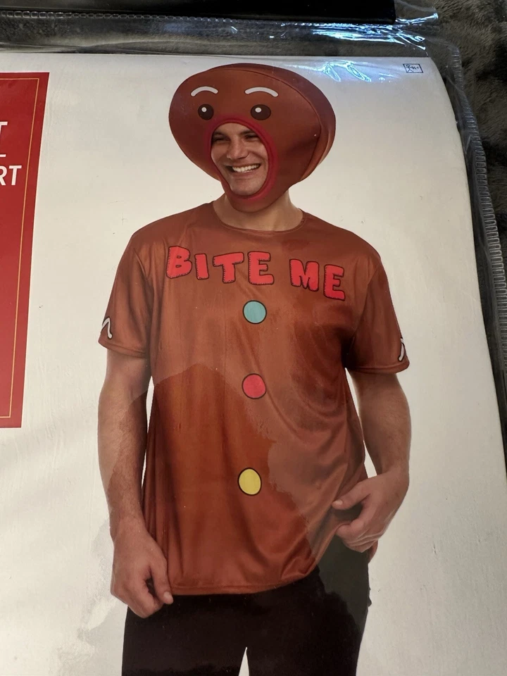 Bite Me Costume Adult Gingerbread Cookie Fits Up To Size Extra Large Halloween - Image 2 of 4