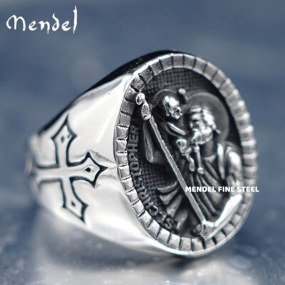 MENDEL Mens Stainless Steel Catholic St Saint Christopher Cross Ring Size 7-15