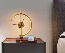 Modern LED Gold and Oak Luxury Clock Shaped Table Lamp Including Charging Dock