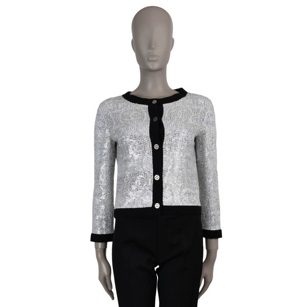 71599 authentische Chanel weiß & schwarz Kaschmir 08P Pailletten Strickjacke Pullover M