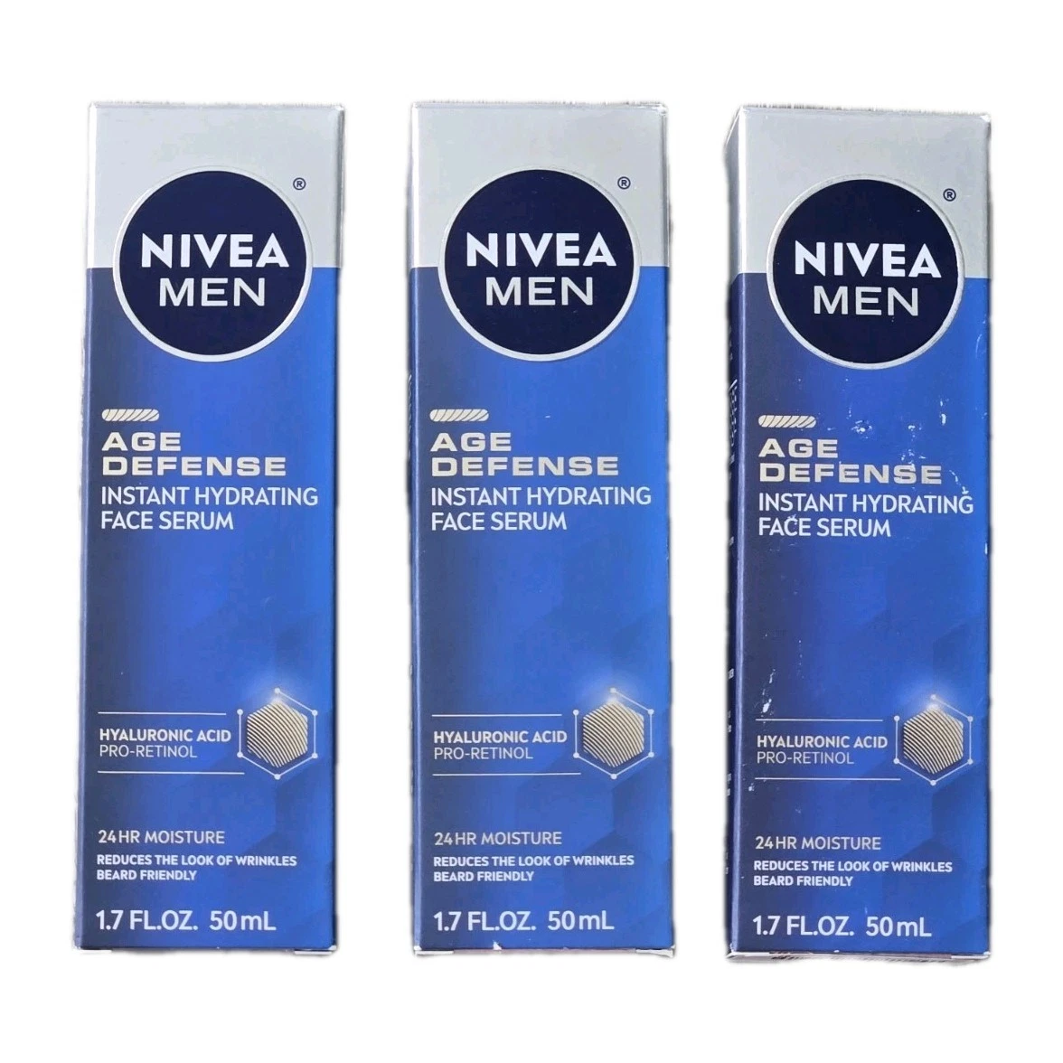 *3* NIVEA AGE DEFENSE INSTANT HYDRATING FACE SERUM Ea: 1.7 FL.OZ. HA/ RETINOL