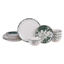 12-Piece Porcelain Dinnerware Set for 4, White & Sage Green Plates and Bowls ...