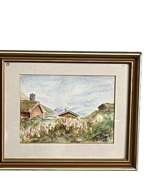 Vintage Original Watercolor Scandinavian Norwegian Landscape Mountains Signed