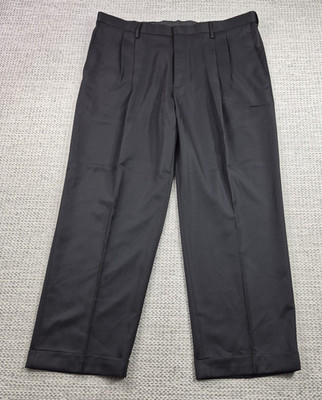 Haggar Mynx Dress Pants Mens 40x29 Black Classic Fit Pleated Cuffed Gabardine